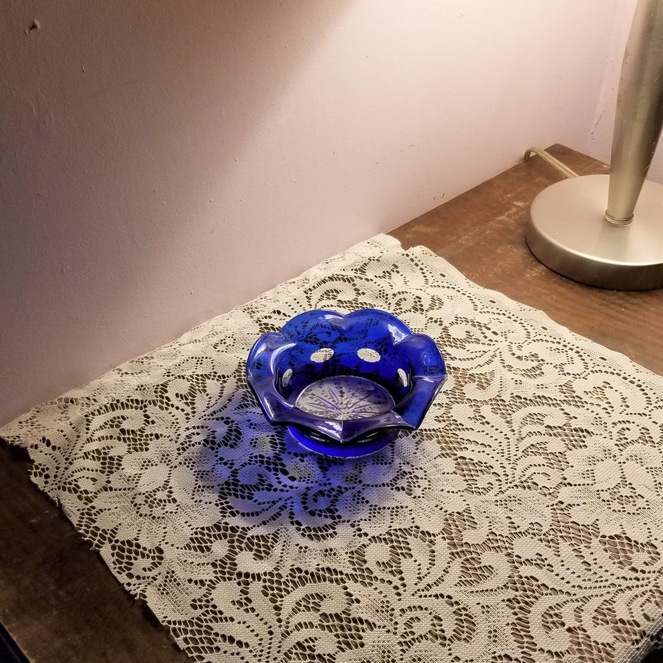 Vintage Cobalt Blue Cut to Clear Ruffle Edge Candy Dish