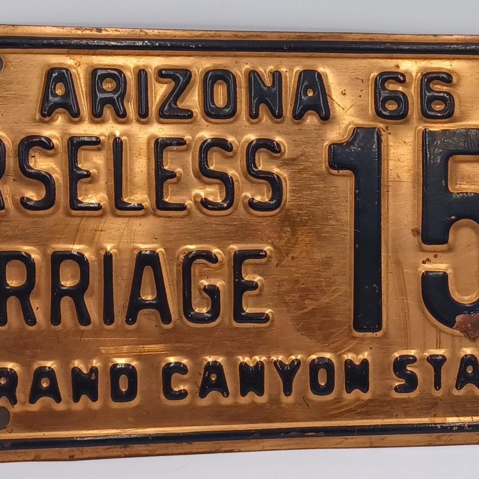 Vintage 1966 Arizona Copper Horseless Carriage Licence Plate, Man Cave, Gift for Him, Garage Decor