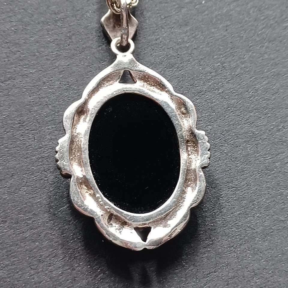 Vintage Sterling Silver, Marcasite and Carved Mother of Pearl Cameo Pendant and Sterling Chain Necklace