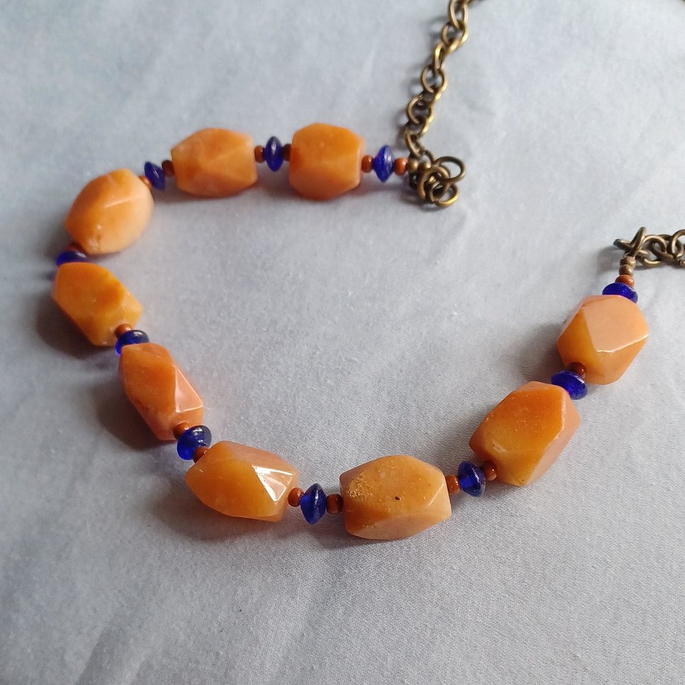 Vintage Heavy Pale Orange Natural Carnelian Stone, Cobalt Glass Beads Ladies Beaded Necklace