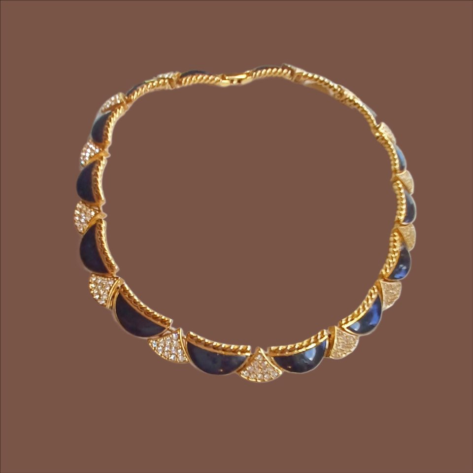 Vintage Premier Designs Gold Tone, Black Enamel and Rhinestones Panel Collar Necklace