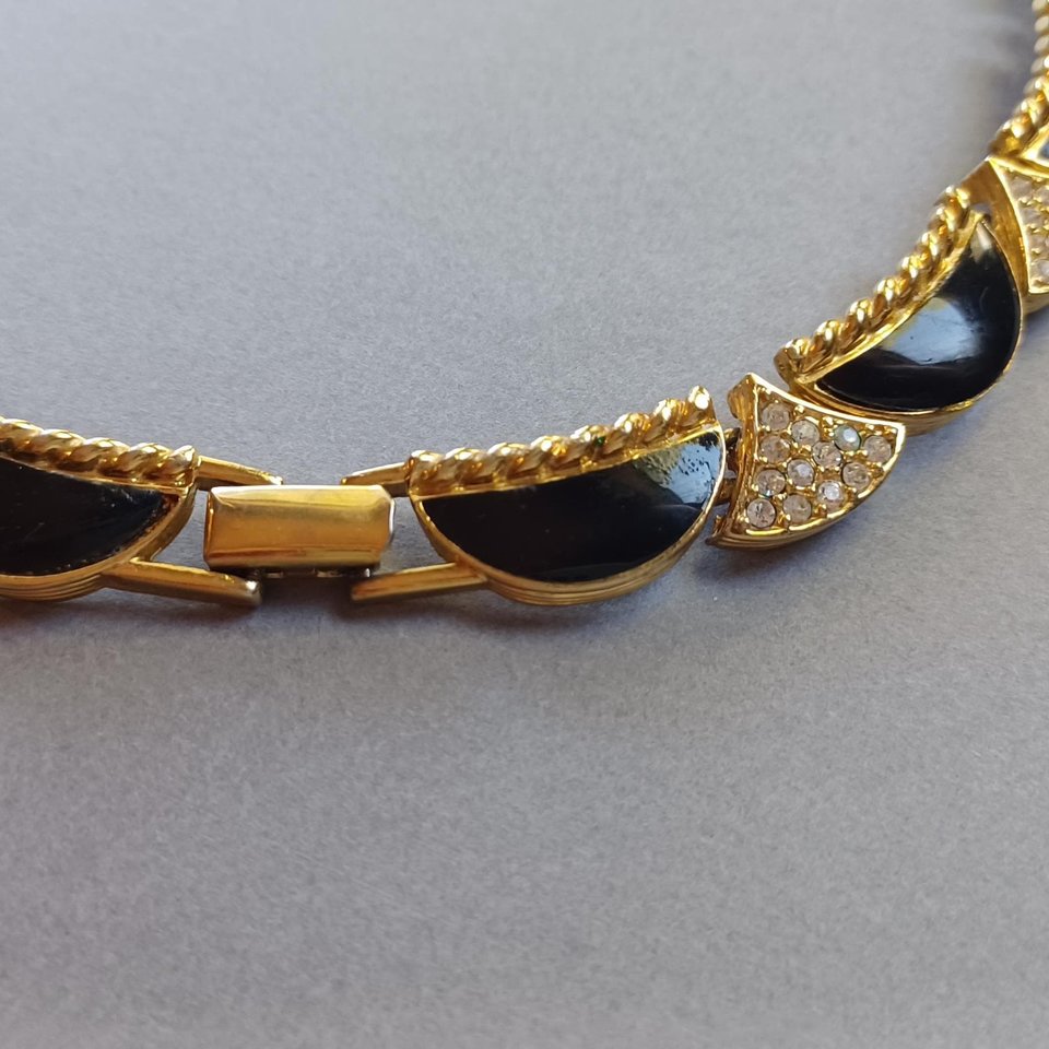 Vintage Premier Designs Gold Tone, Black Enamel and Rhinestones Panel Collar Necklace