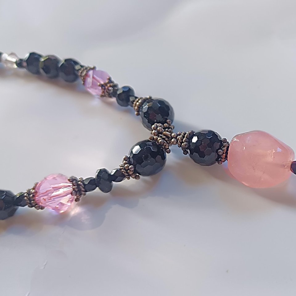 Black Glass Beads, Rose Quartz and Pink Crystal Bicones Beaded Necklace
