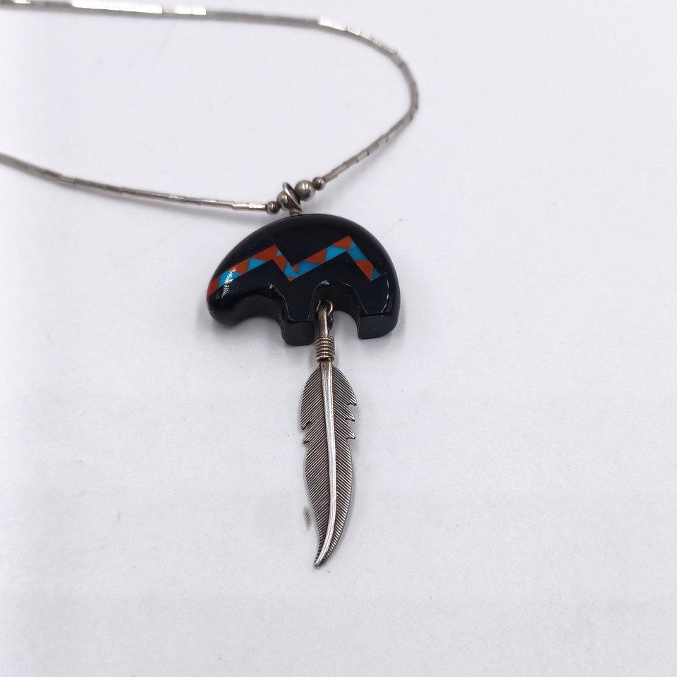 Vintage Carolyn Pollack American Southwest Sterling Silver Spirit Bear Gemstone Inlay Pendant Necklace