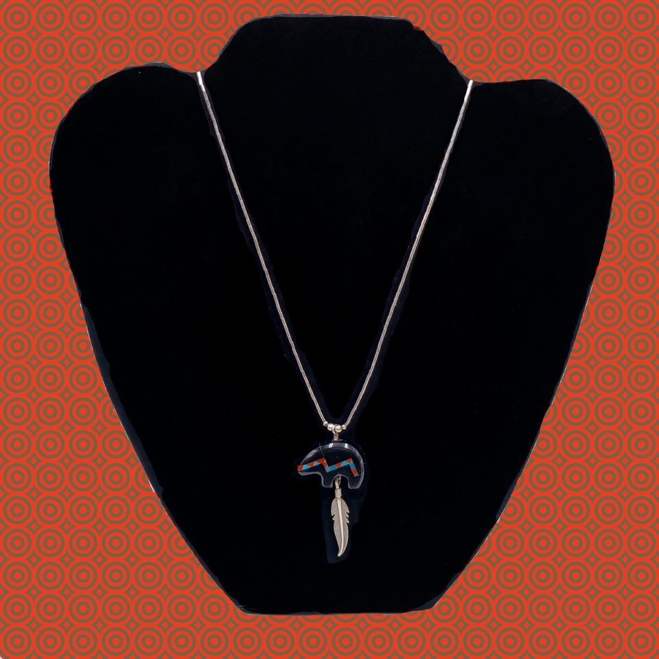 Vintage Carolyn Pollack American Southwest Sterling Silver Spirit Bear Gemstone Inlay Pendant Necklace