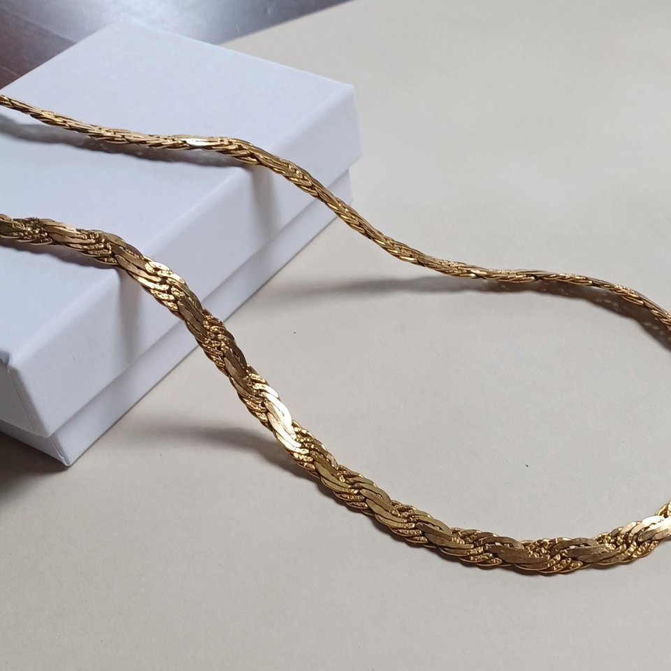 Vintage Shiny Gold Tone Flat Rope 6mm Chain Necklace, Mid Century, Vintage Jewelry, Work Necklace