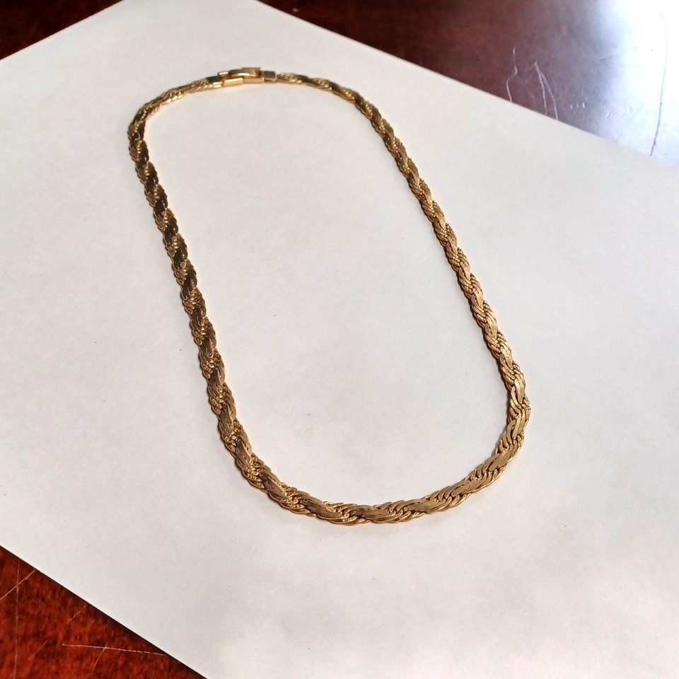 Vintage Shiny Gold Tone Flat Rope 6mm Chain Necklace, Mid Century, Vintage Jewelry, Work Necklace
