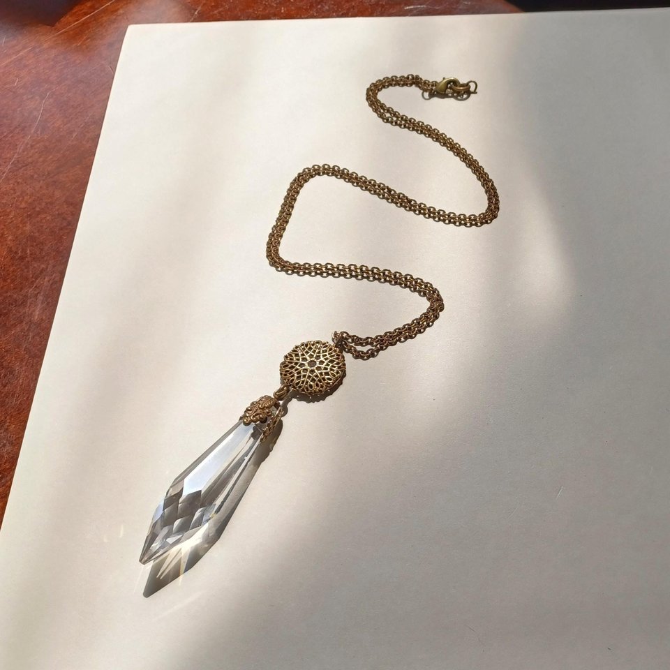 Vintage Ornate Bronze Tone Victorian Revival Perfectly Faceted True Crystal Pendulum Fob Necklace