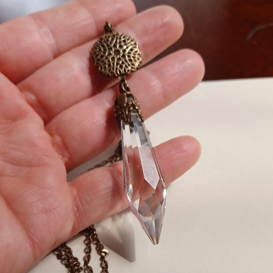 Vintage Ornate Bronze Tone Victorian Revival Perfectly Faceted True Crystal Pendulum Fob Necklace