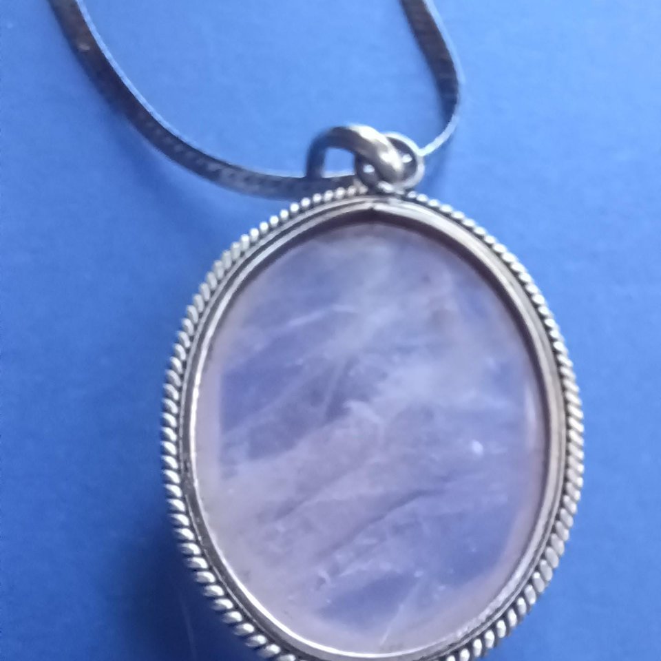 Sterling Silver  and Large Rose Quartz Oval Bezel Set Cabochon Pendant Necklace