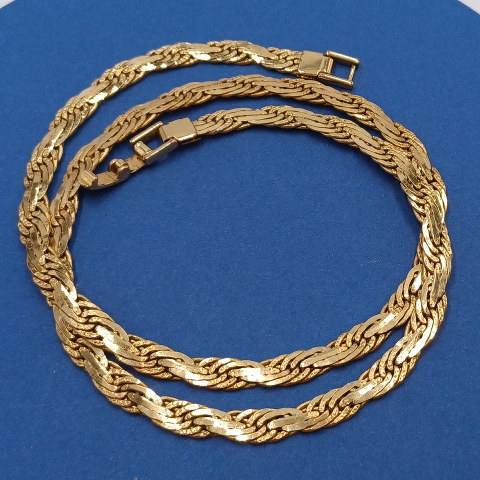 Vintage Shiny Gold Tone Flat Rope 6mm Chain Necklace, Mid Century, Vintage Jewelry, Work Necklace