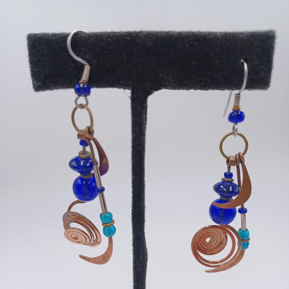 Stunning Artisan Copper and Cobalt Blue Glass Geometric Dangle and Drop Pierced Earrings