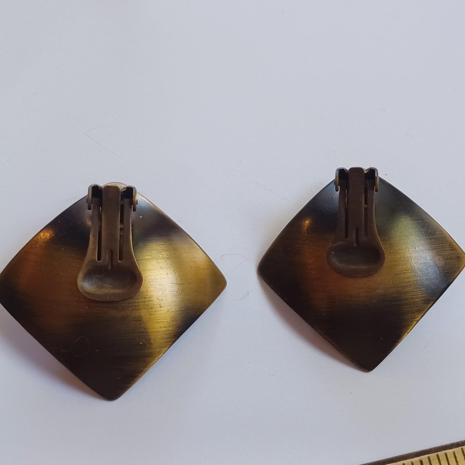Striking Large Vintage Bronze Tone Large Rhinestone Clip On Earrings, Mid Century, Estate Jewelry, High End