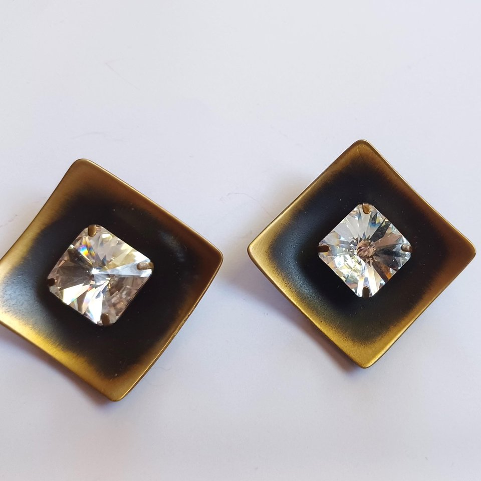 Striking Large Vintage Bronze Tone Large Rhinestone Clip On Earrings, Mid Century, Estate Jewelry, High End