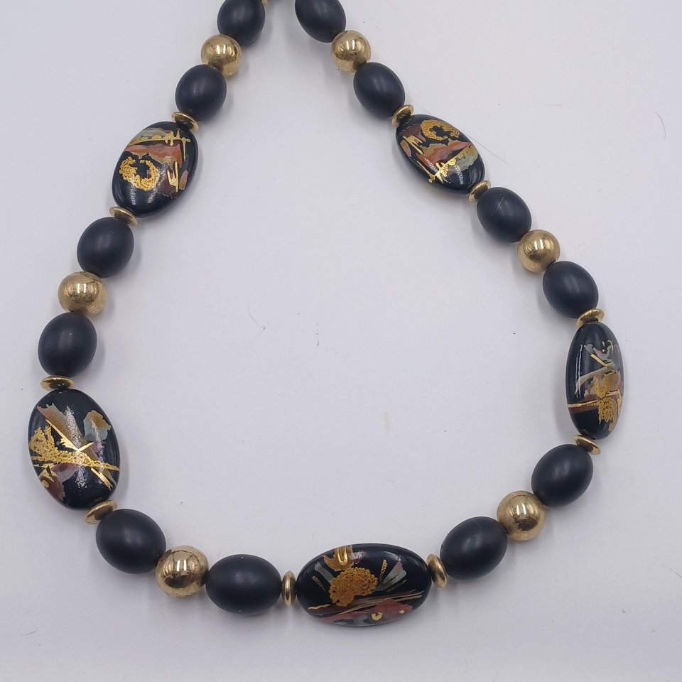 Asian Hand Painted Black Beads Long Necklace