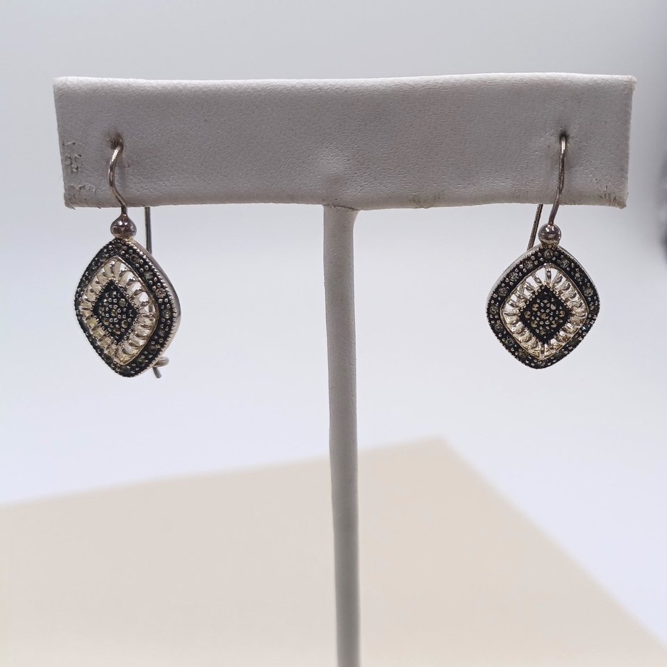 Nevada Silver Mine Sterling Silver and Marcasite Diamond Shape Open Work Ladies Pierced Dangle Earrings