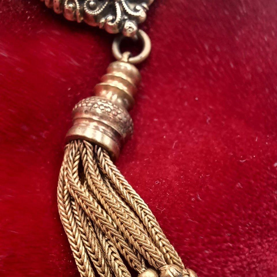 Antique Victorian Gold Filled Etruscan Revival Tassel Brooch Pendant, Mourning Jewelry