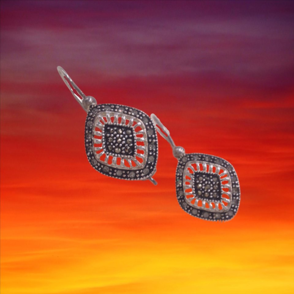 Nevada Silver Mine Sterling Silver and Marcasite Diamond Shape Open Work Ladies Pierced Dangle Earrings