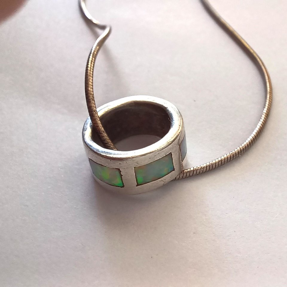 Vintage Sterling Silver Ring Pendant with Opal Inlay on Silver Snake Chain Pendant Necklace