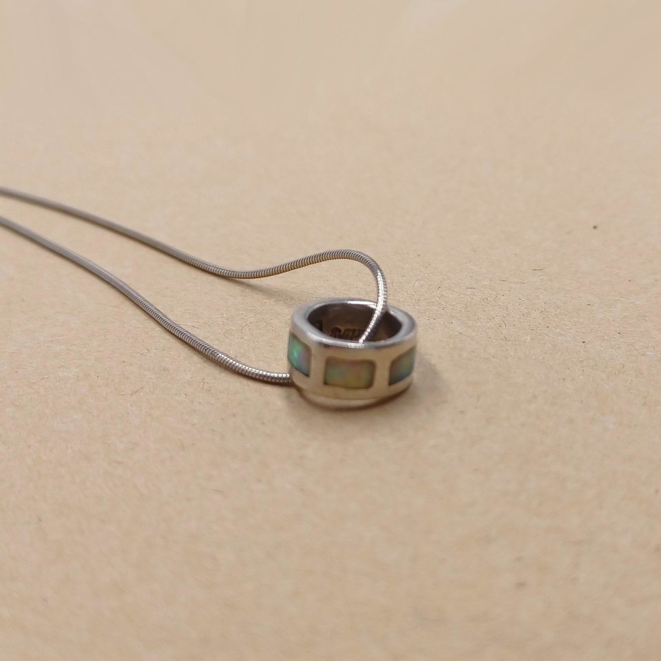 Vintage Sterling Silver Ring Pendant with Opal Inlay on Silver Snake Chain Pendant Necklace