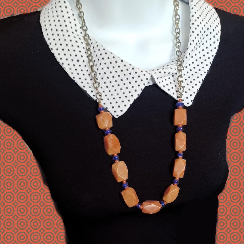 Vintage Heavy Pale Orange Natural Carnelian Stone, Cobalt Glass Beads Ladies Beaded Necklace