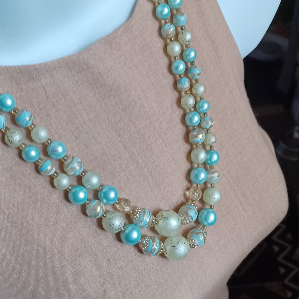 Vintage 1950's Pale Blue and Gold Tone Multi-Strand Beaded Necklace