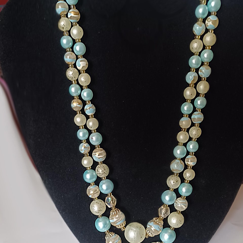 Vintage 1950's Pale Blue and Gold Tone Multi-Strand Beaded Necklace