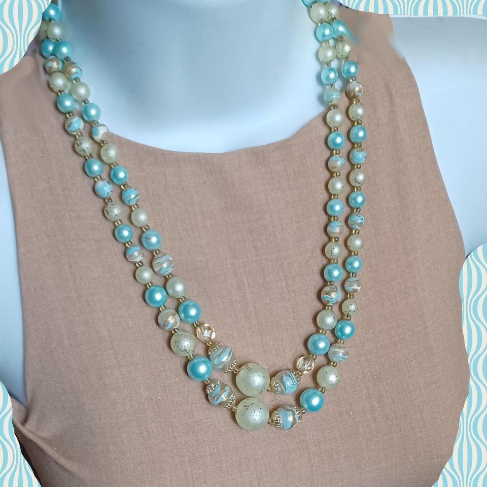 Vintage 1950's Pale Blue and Gold Tone Multi-Strand Beaded Necklace
