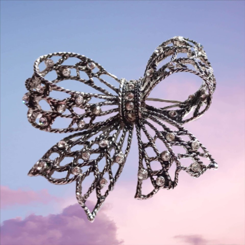 Vintage Liz Claiborne Silver Tone and Rhinestones Openwork Bow Brooch, 1980's Brooch