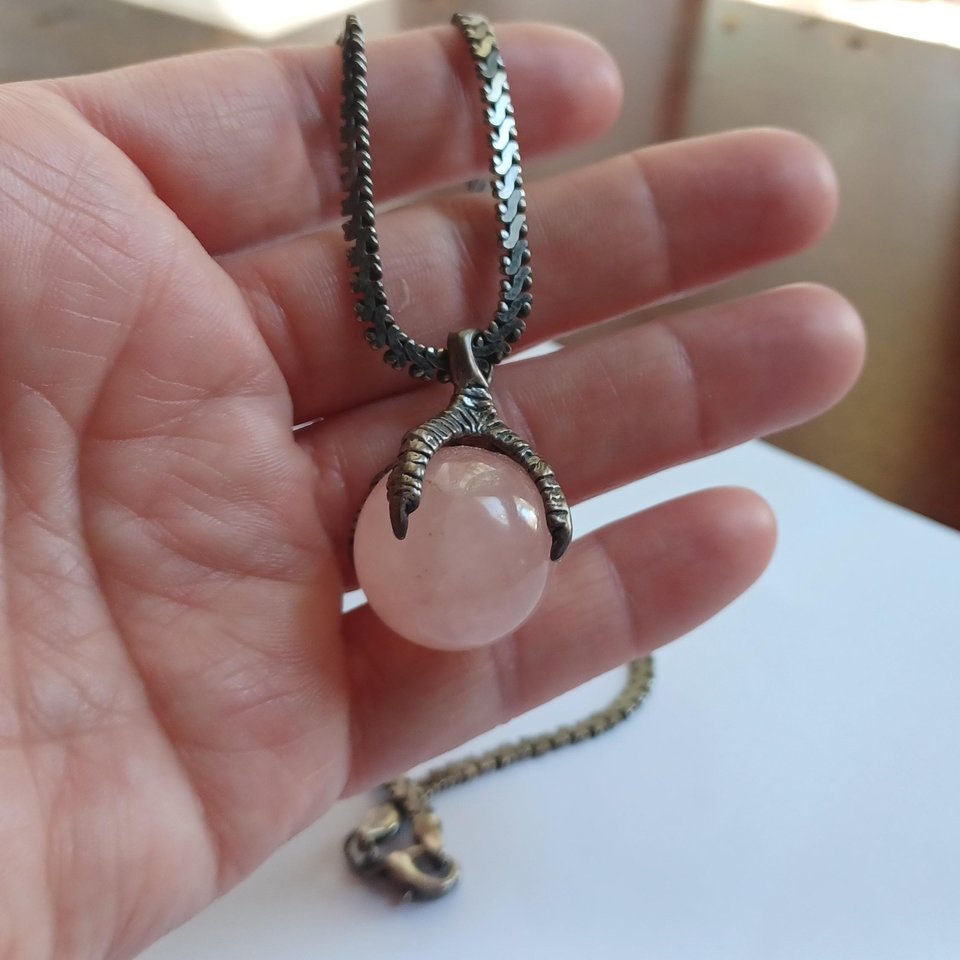 Vintage Sterling Silver Dragon Claw Rose Quartz Orb Pendant Necklace and Chain