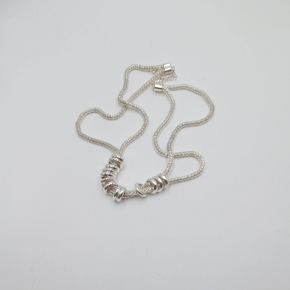 Vintage  Multiple Silver Tone Mesh Chain With Shiny Silver Rings Statement Necklace