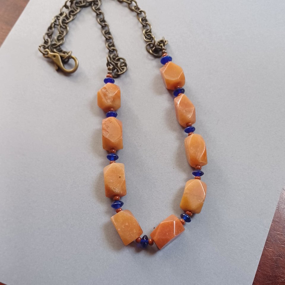 Vintage Heavy Pale Orange Natural Carnelian Stone, Cobalt Glass Beads Ladies Beaded Necklace
