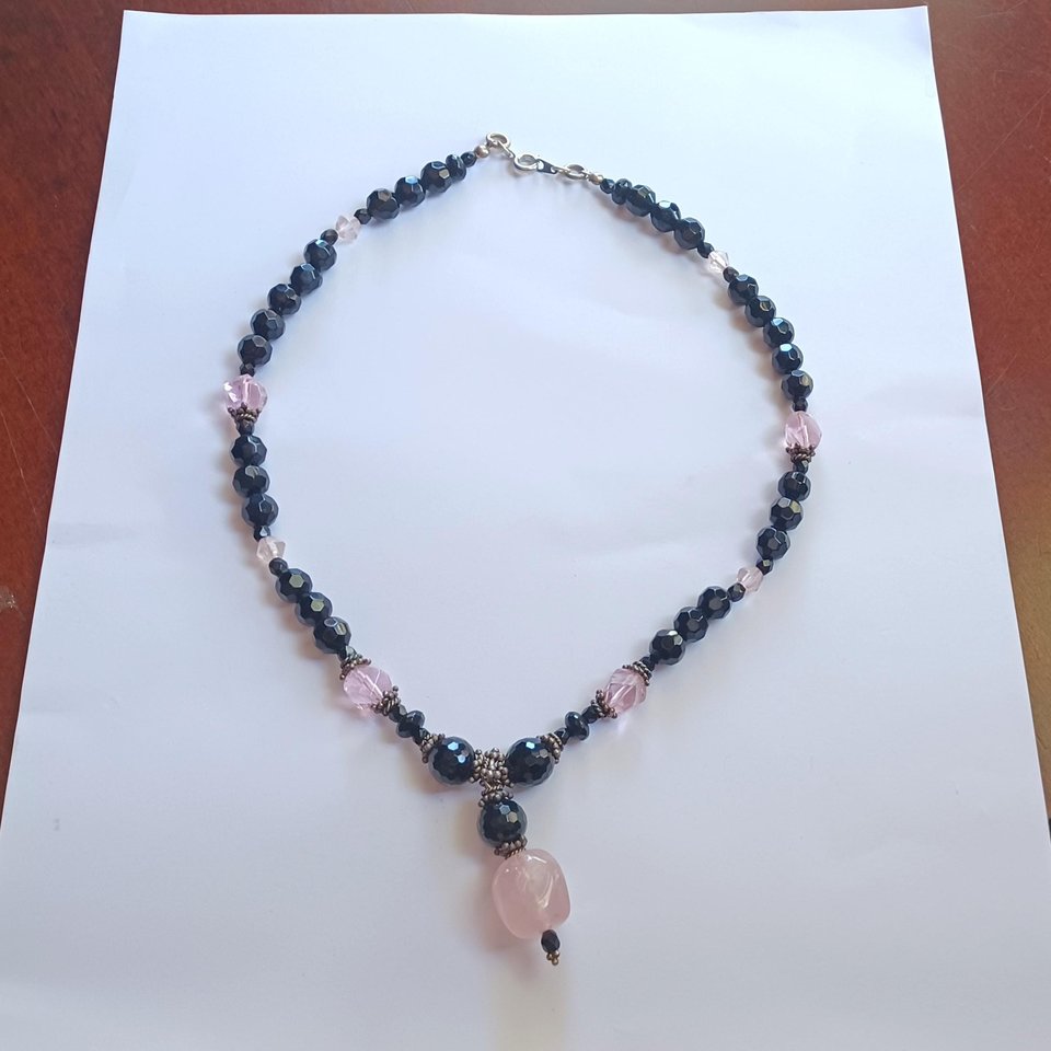 Black Glass Beads, Rose Quartz and Pink Crystal Bicones Beaded Necklace