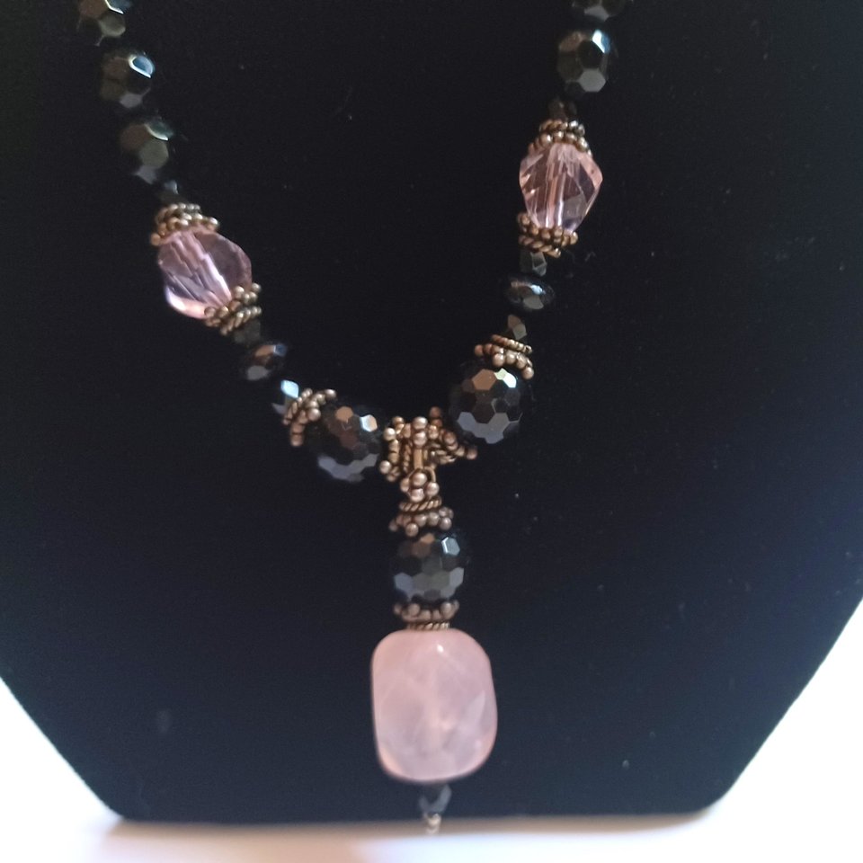 Black Glass Beads, Rose Quartz and Pink Crystal Bicones Beaded Necklace