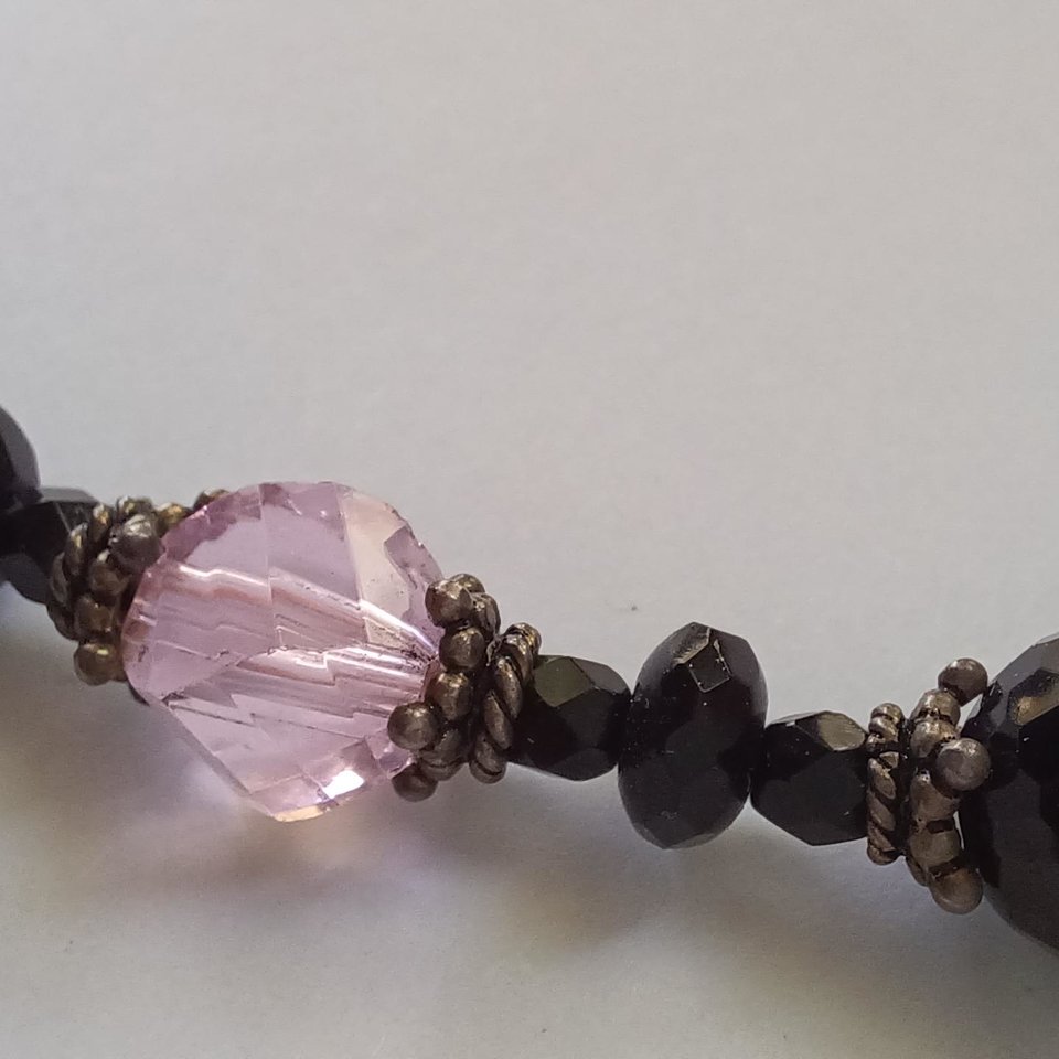 Black Glass Beads, Rose Quartz and Pink Crystal Bicones Beaded Necklace