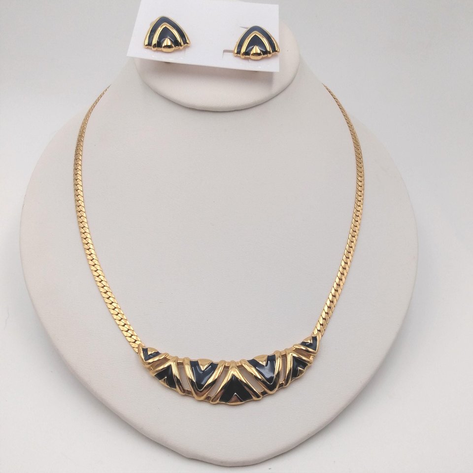Smart Vintage Gold Tone and Navy Blue Enamel Statement Herringbone Chain Necklace and Earrings Set, Avon
