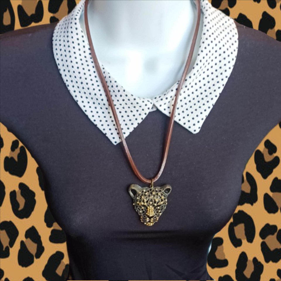 Vintage Large Leopard Face Rhinestones Pendant on a Leather Cord Necklace