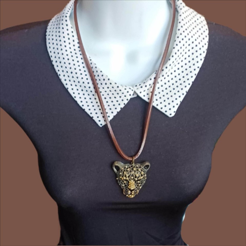 Vintage Large Leopard Face Rhinestones Pendant on a Leather Cord Necklace