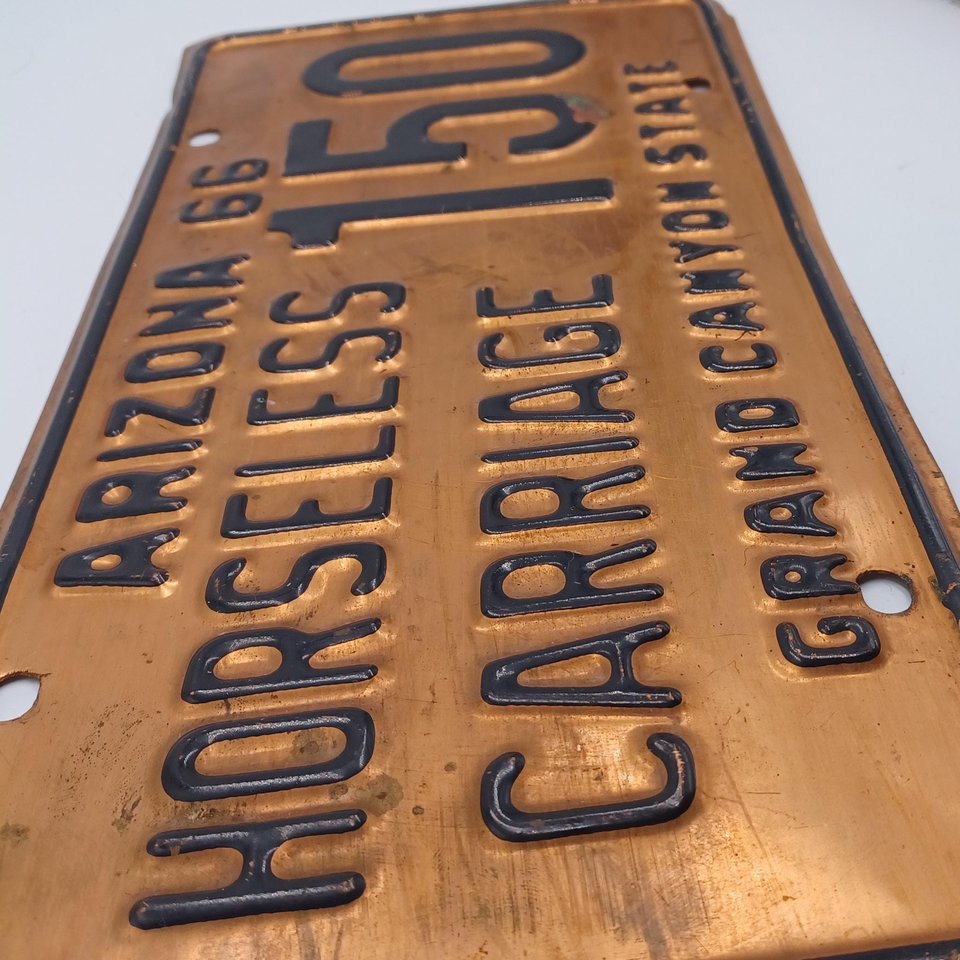 Vintage 1966 Arizona Copper Horseless Carriage Licence Plate, Man Cave, Gift for Him, Garage Decor
