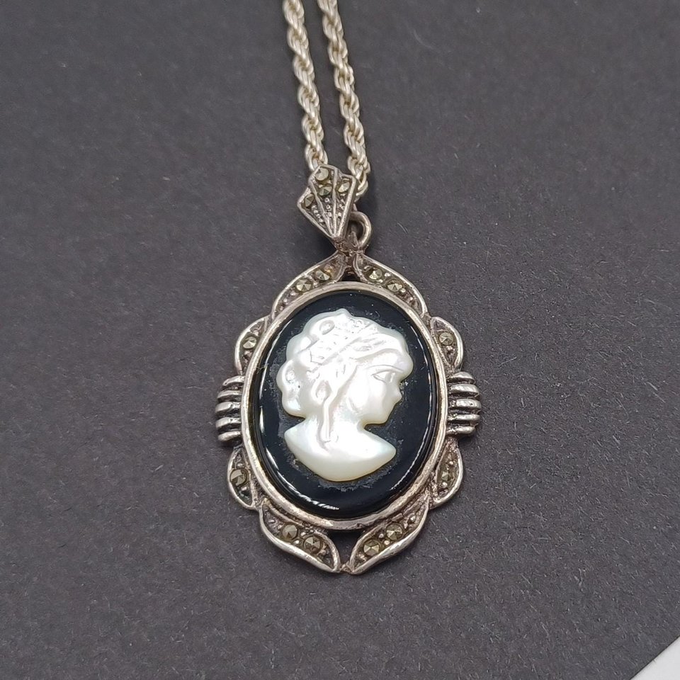 Vintage Sterling Silver, Marcasite and Carved Mother of Pearl Cameo Pendant and Sterling Chain Necklace