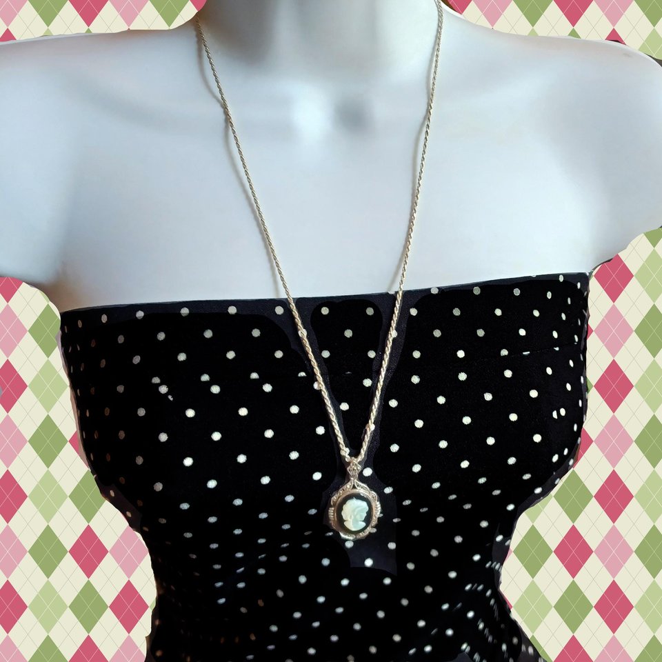 Vintage Sterling Silver, Marcasite and Carved Mother of Pearl Cameo Pendant and Sterling Chain Necklace