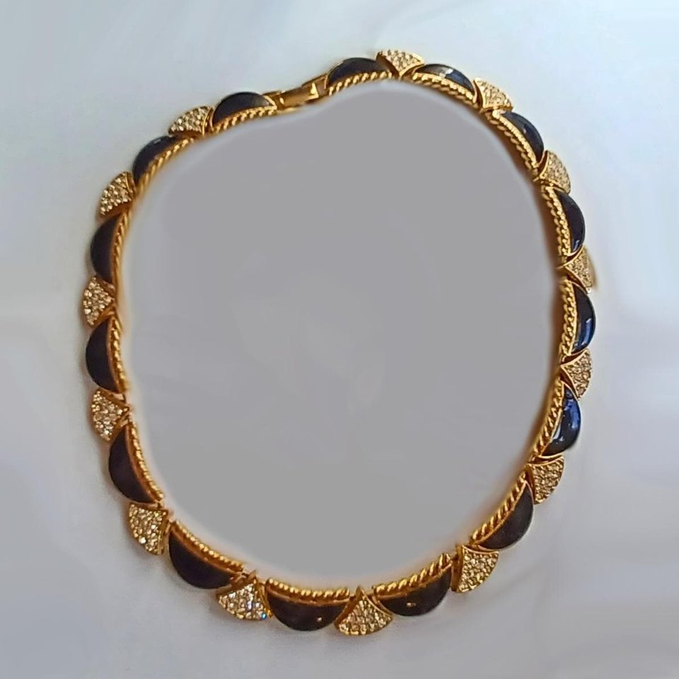 Vintage Premier Designs Gold Tone, Black Enamel and Rhinestones Panel Collar Necklace