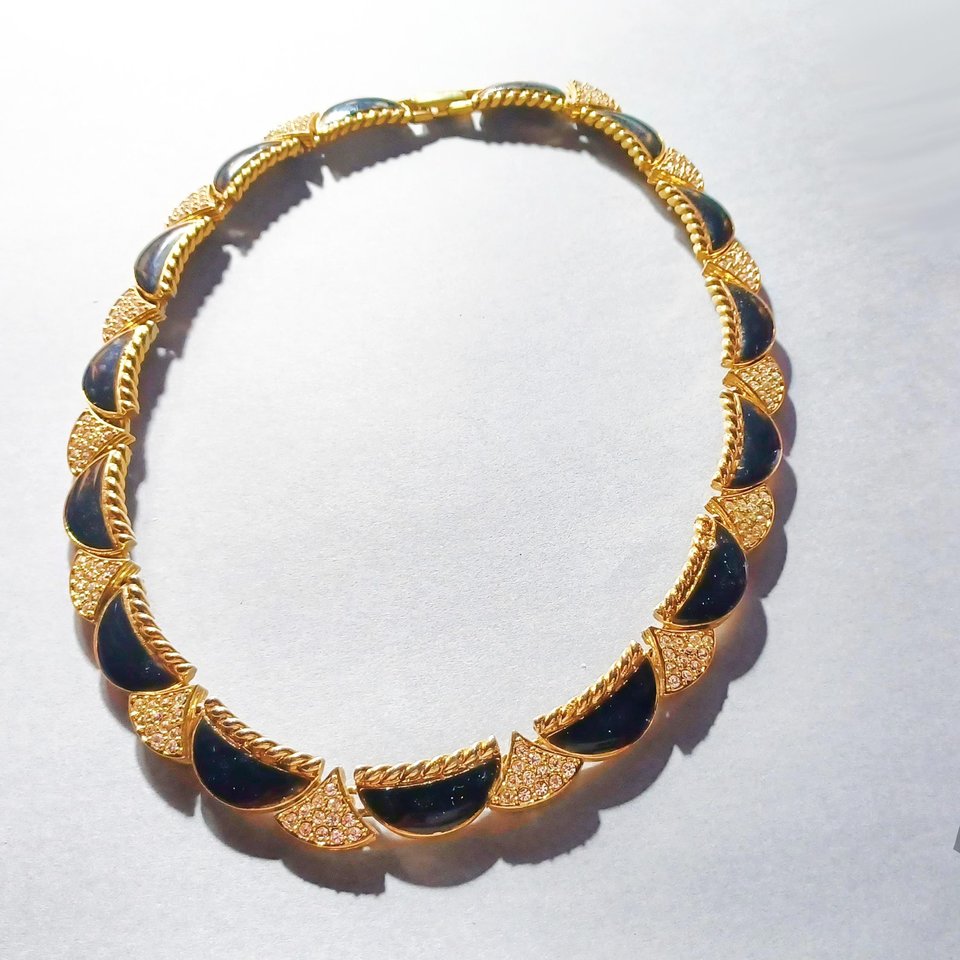 Vintage Premier Designs Gold Tone, Black Enamel and Rhinestones Panel Collar Necklace