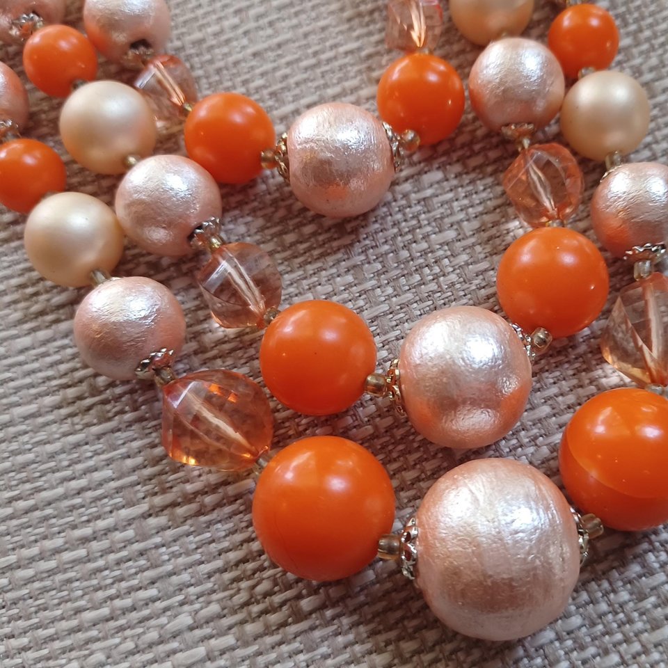 Vintage 1950's Hong Kong Bright Summertime Orange Beaded Necklace and Earrings Jewelry Set