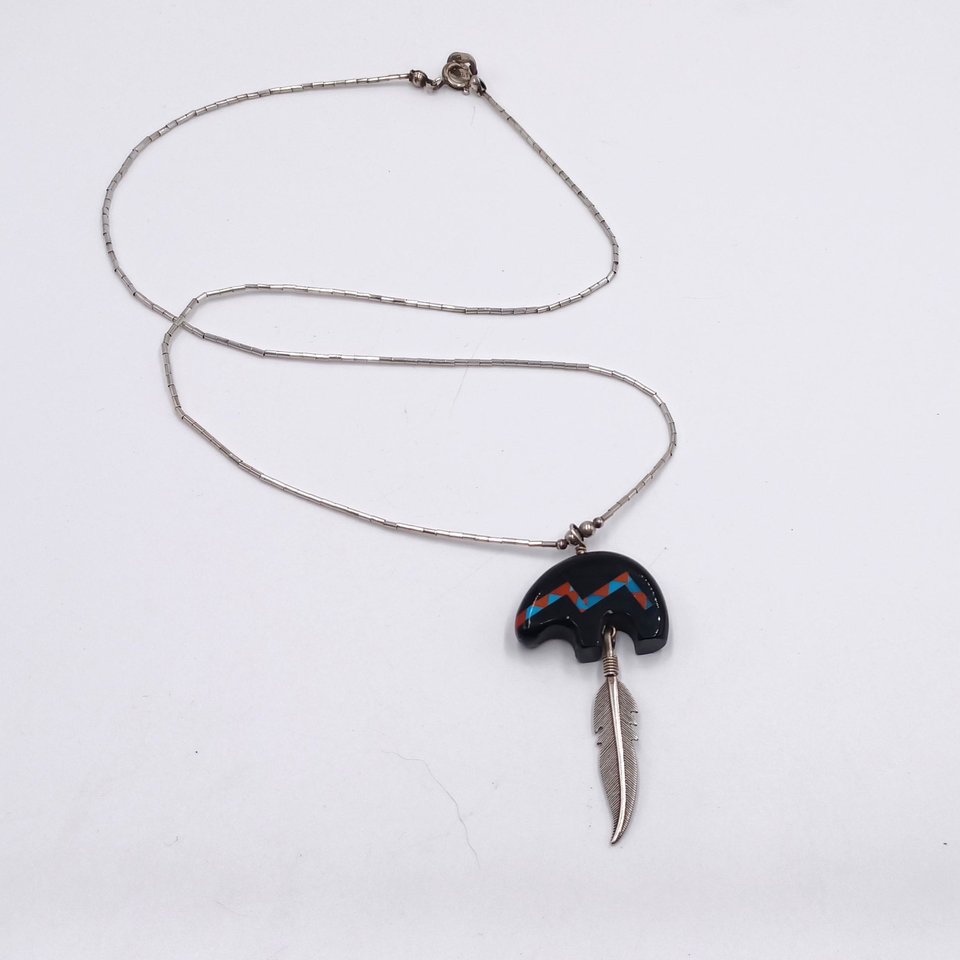 Vintage Carolyn Pollack American Southwest Sterling Silver Spirit Bear Gemstone Inlay Pendant Necklace