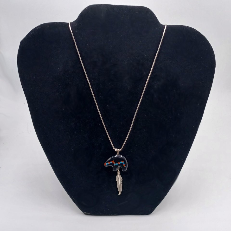 Vintage Carolyn Pollack American Southwest Sterling Silver Spirit Bear Gemstone Inlay Pendant Necklace