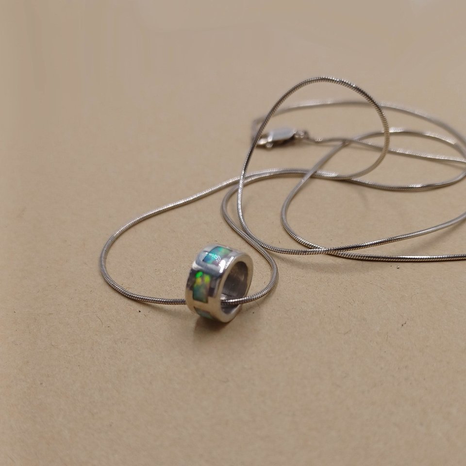 Vintage Sterling Silver Ring Pendant with Opal Inlay on Silver Snake Chain Pendant Necklace