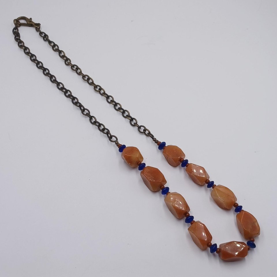 Vintage Heavy Pale Orange Natural Carnelian Stone, Cobalt Glass Beads Ladies Beaded Necklace