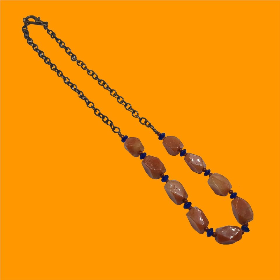 Vintage Heavy Pale Orange Natural Carnelian Stone, Cobalt Glass Beads Ladies Beaded Necklace
