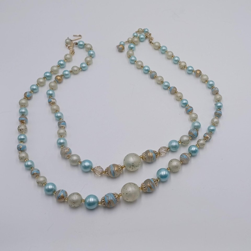 Vintage 1950's Pale Blue and Gold Tone Multi-Strand Beaded Necklace